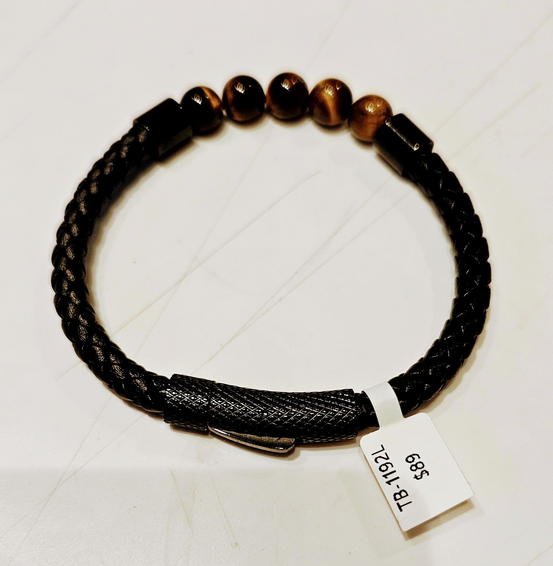 Stainless Steel Braided Leather and Stone Beaded Bracelet