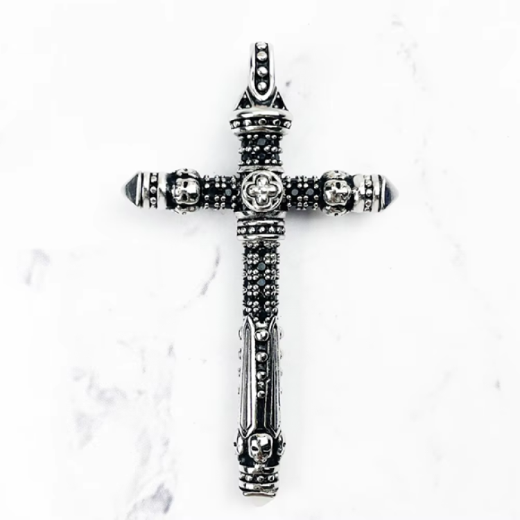 Silver Skull and Cross with Black C.Z and Engraving Double Sided Pendant (Copy)