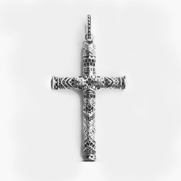 Silver Cross with Black C.Z and Engraving Double Sided Pendant