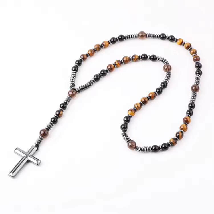 Theodore  Hematite Cross 6mm Assorted Beaded Rosary Necklace