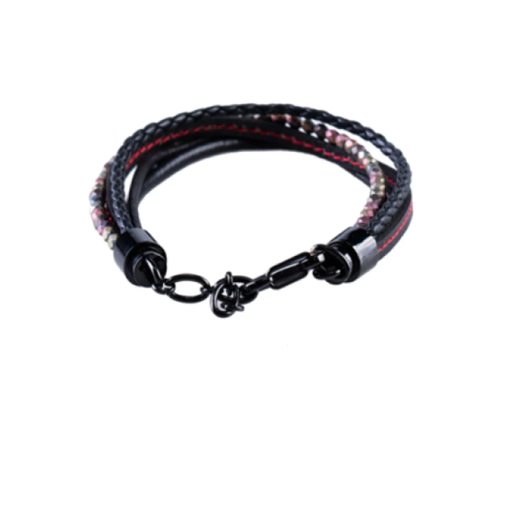 Multi-Strand Black Leather & Hematite Beads Bracelet with Ion Plated Black Polished Stainless Steel Clasp
