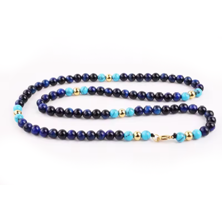 Theodore 6mm Natural Stone Blue Tiger Eye and Turquoise Beaded Necklace