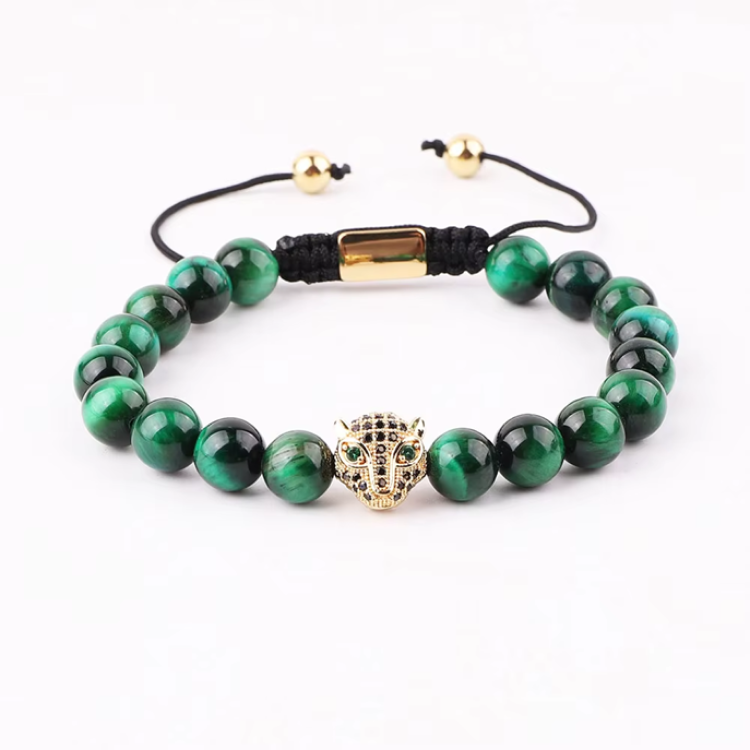 High Quality 8mm Natural Stone Beaded CZ Panther Charm Macrame Bracelet