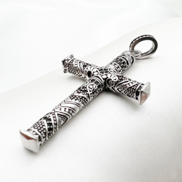 Silver Cross with Black C.Z and Engraving Double Sided Pendant