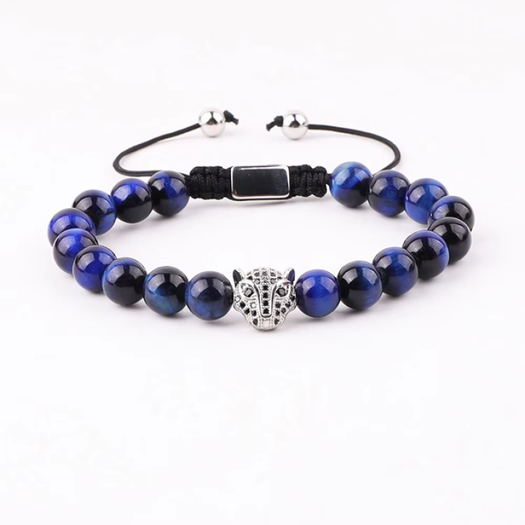 High Quality 8mm Natural Stone Beaded CZ Panther Charm Macrame Bracelet