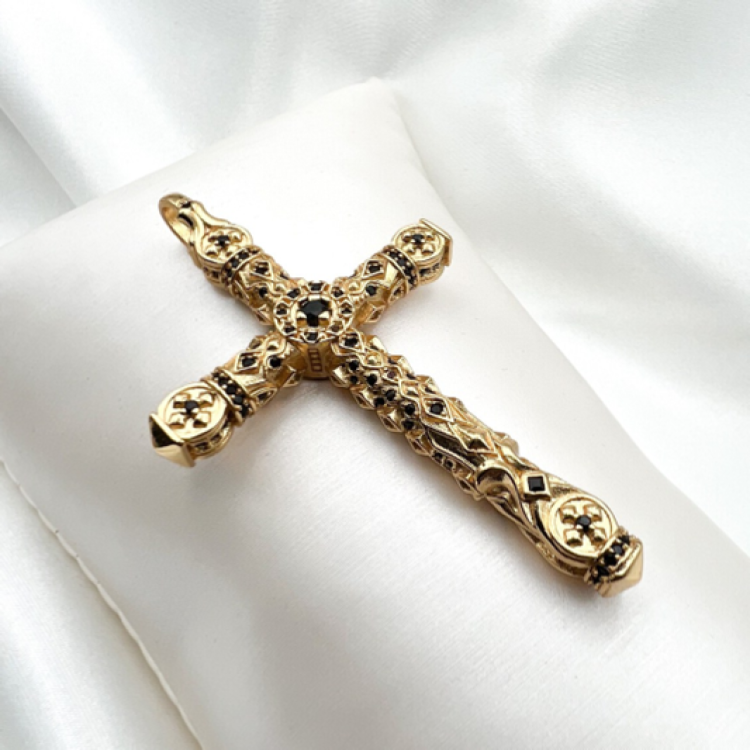 Silver Gold Plated Cross with Black Onyx and Engraving Double Sided Pendant