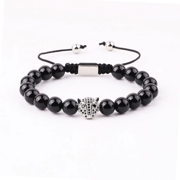 High Quality 8mm Natural Stone Beaded CZ Panther Charm Macrame Bracelet