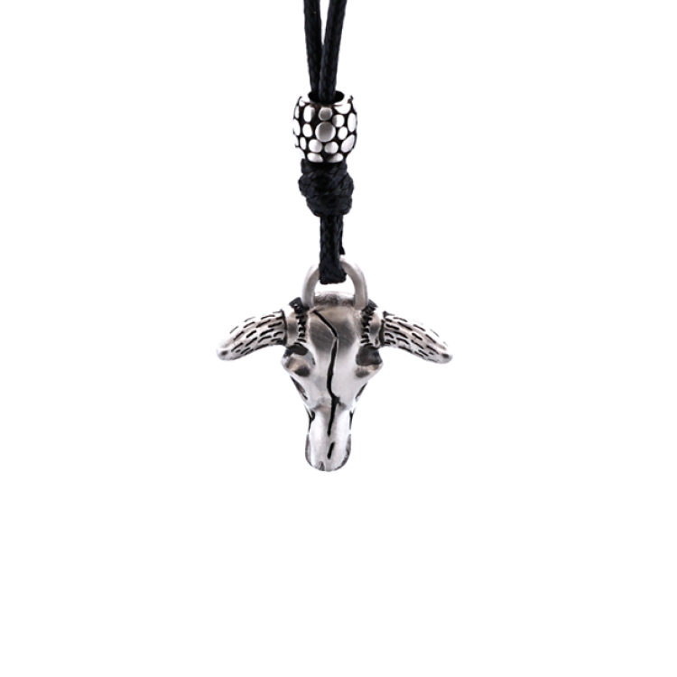 Theodore Antique Stainless Steel Cow Skull & Adjustable Wax Leather Pendant