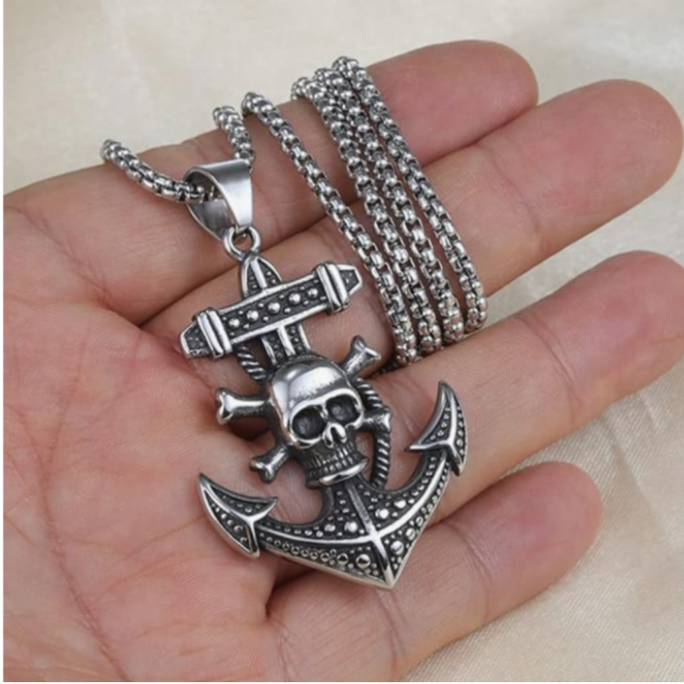 Stainless Steel Pirate Anchor Skull Pendant  and Chain