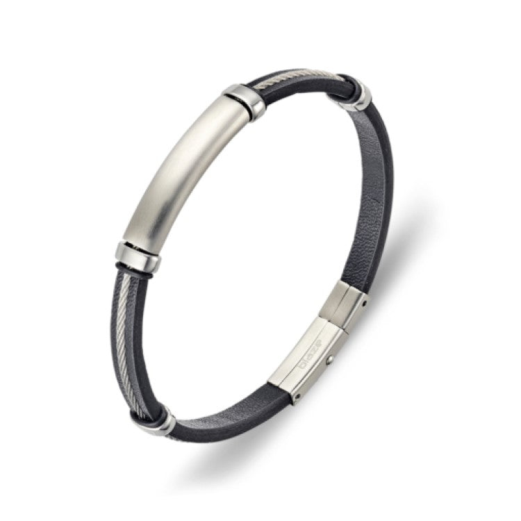 Blaze stainless steel 6mm wire and leather bracelet with engravable plate