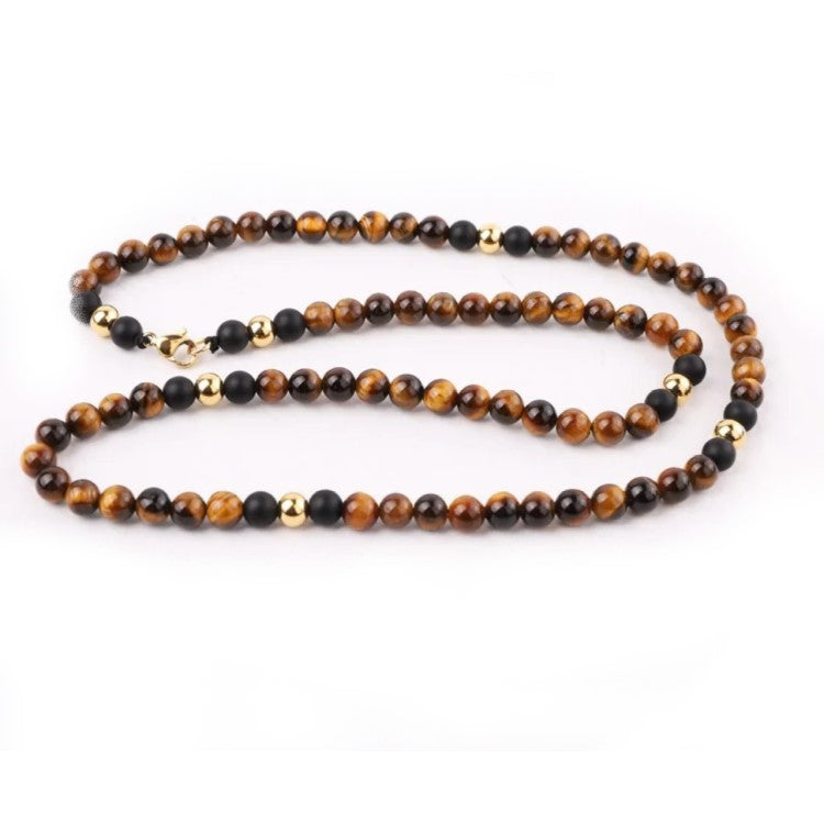 Theodore 6mm Natural Stone Tiger Eye and Agate Beaded Necklace