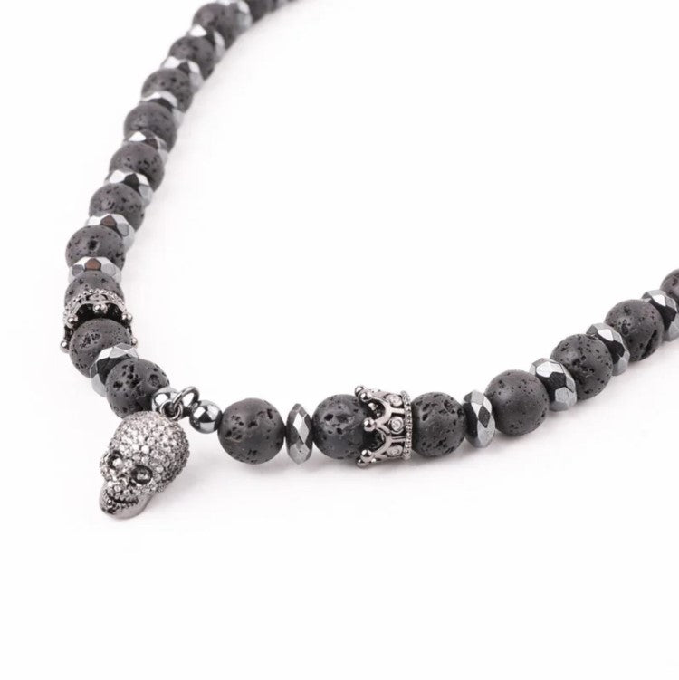 Theodore 8mm Lava stone Beaded Men with pave Skull bead Necklaces