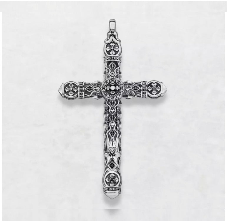 Silver Cross with Black Onyx and Engraving Double Sided Pendant