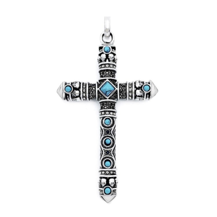 Silver Cross with Turquoise and Engraving Double Sided Pendant