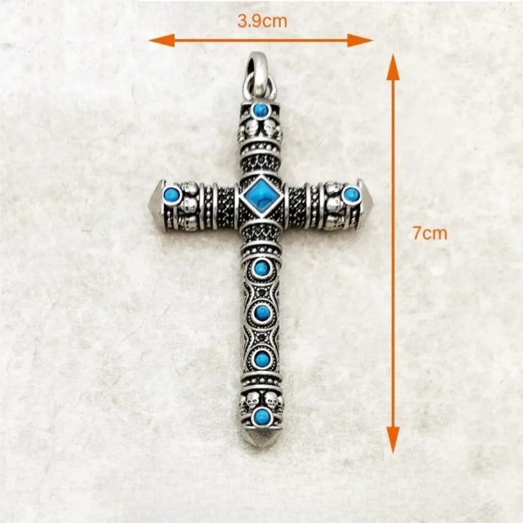 Silver Cross with Turquoise and Engraving Double Sided Pendant