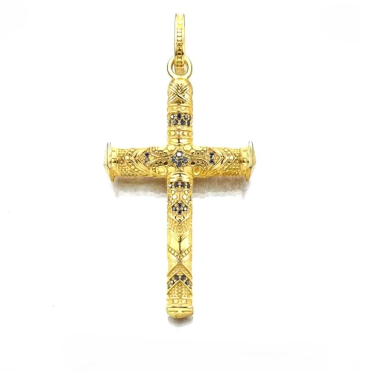 Silver Gold Plated Cross with Black C.Z and Engraving Double Sided Pendant