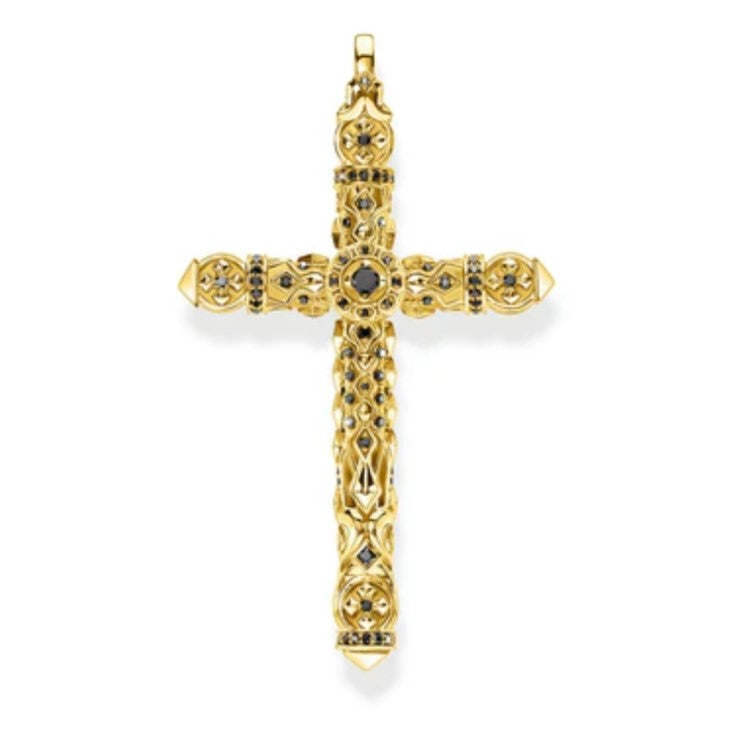 Silver Gold Plated Cross with Black Onyx and Engraving Double Sided Pendant