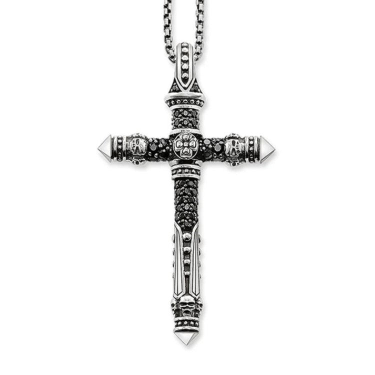 Silver Skull and Cross with Black C.Z and Engraving Double Sided Pendant (Copy)